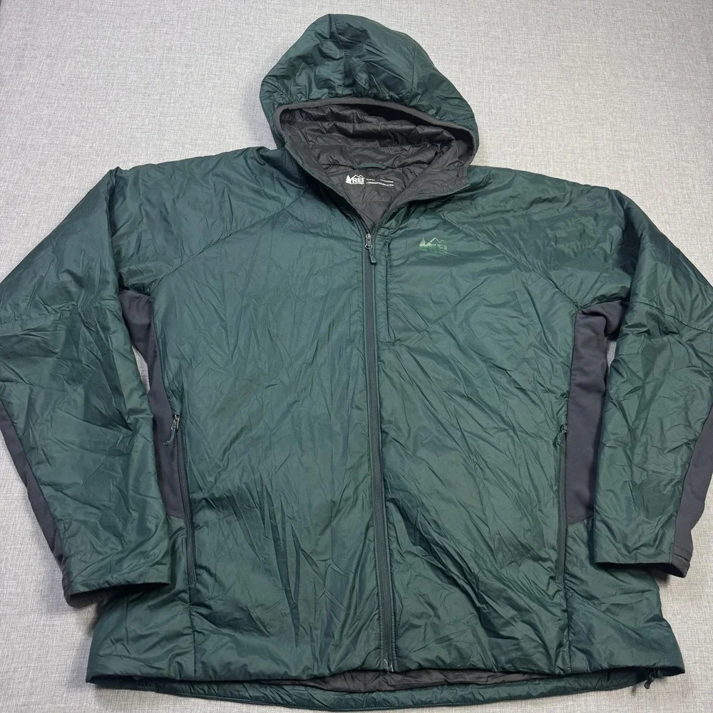 REI Co-Op Primaloft Jacket Mens XL Green Puffer Hooded Insulated Full Zip
